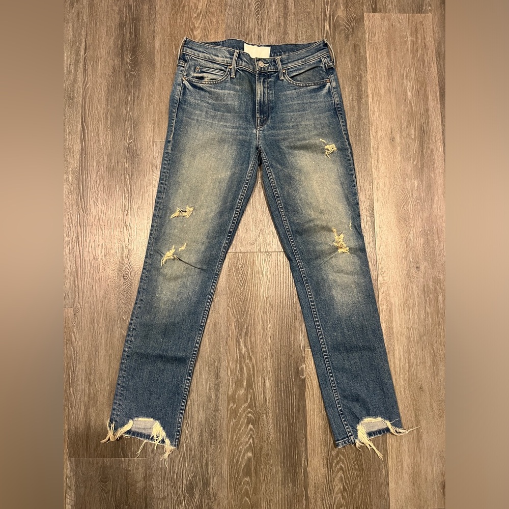 MOTHER Mid Rise Dark Wash Distressed Straight Leg Jeans | 26